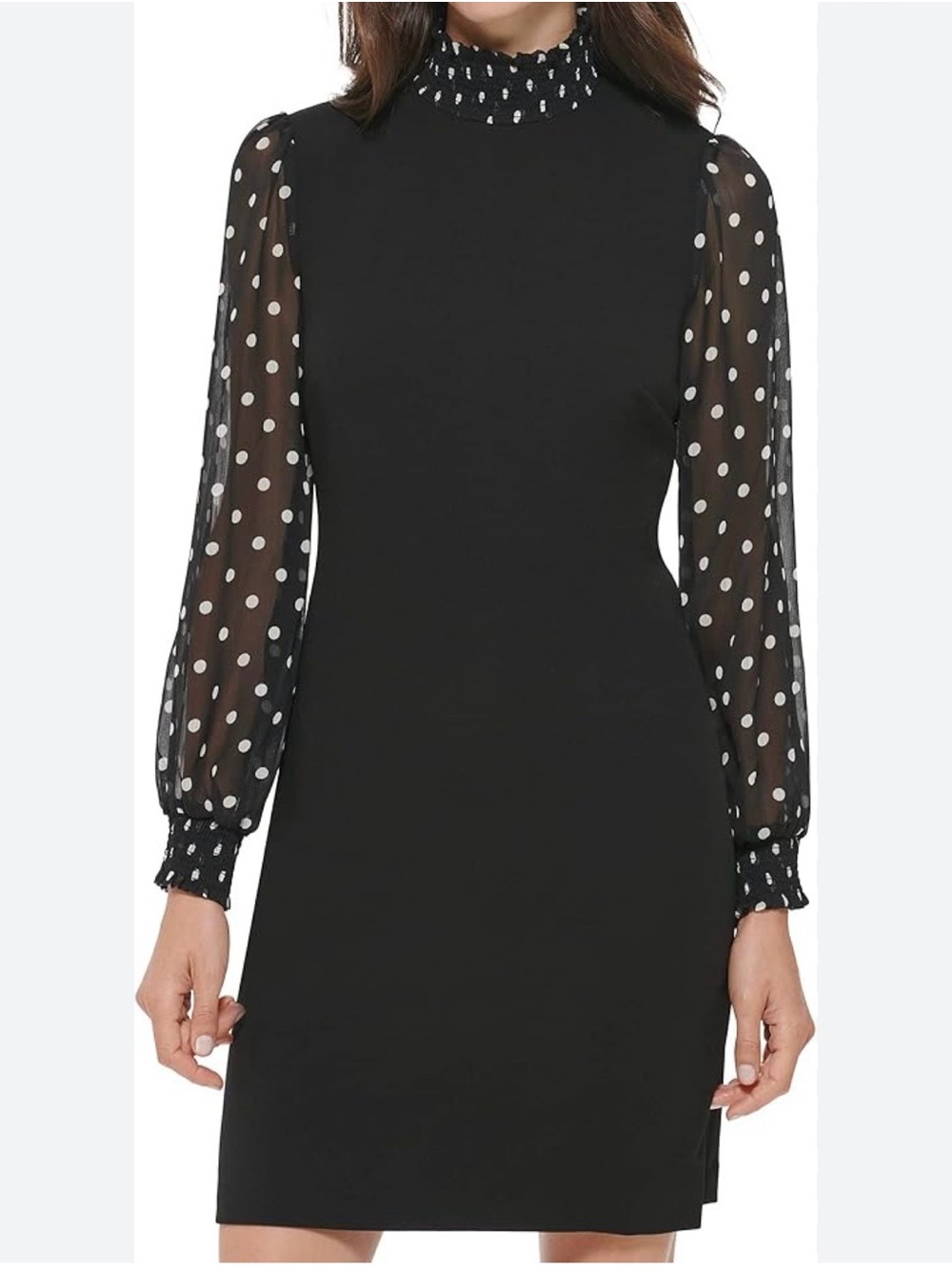 Tommy Hilfiger Black Dress with White Polka Dot Sheer Sleeves